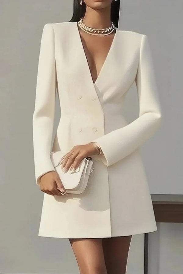 Fashionable V-neck Long-sleeved Double-breasted Waist Mini Dress