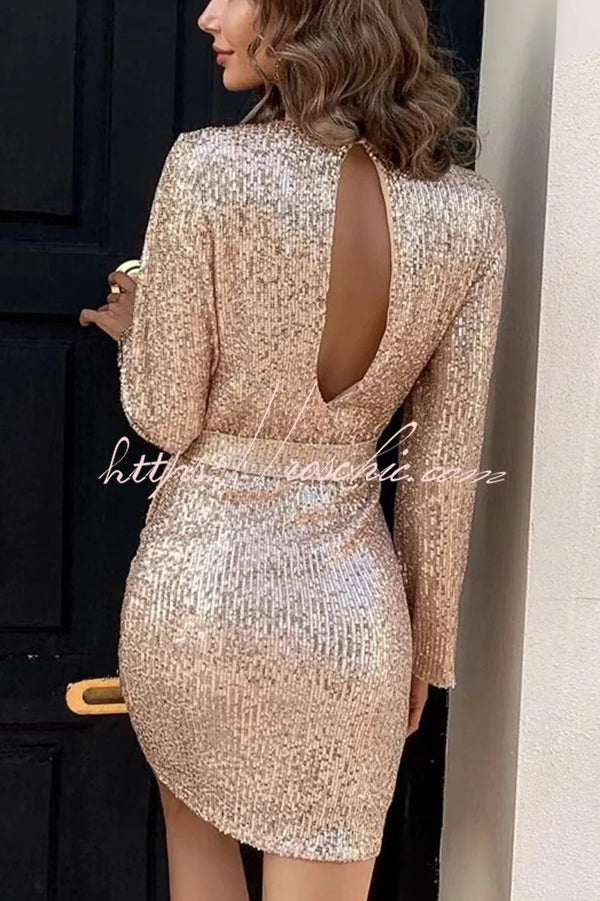 Fashion Sequined Tie Waist Slim Backless Mini Dress