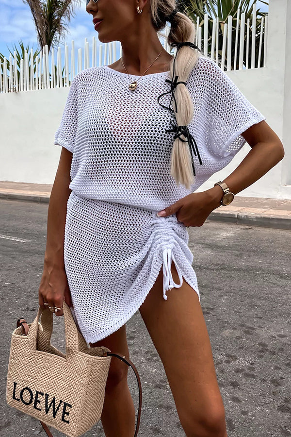 Solid Color Knitted Cutout Lace Up Crew Neck Mini Dress