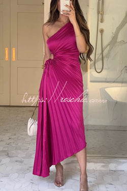 Glam Vibes Satin One Shoulder Side Cutout Pleated Maxi Dress