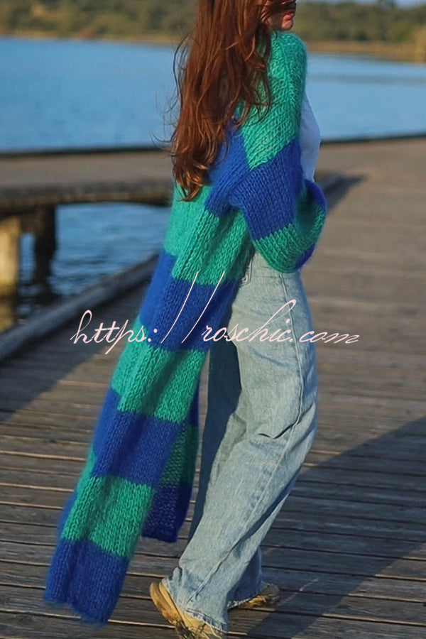 Fashionable Contrast Stripes Lazy Style Loose Long Knitted Cardigan