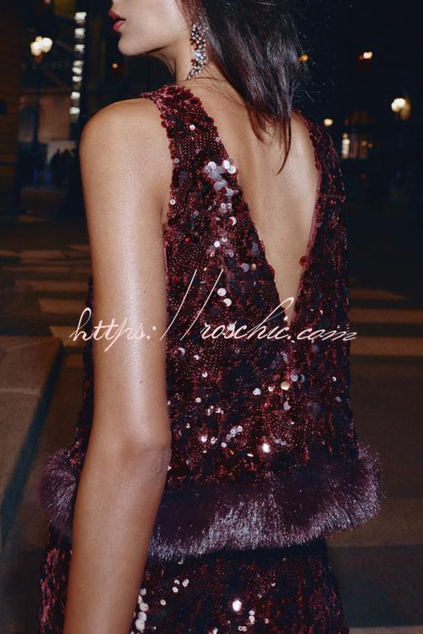 Gala Goddess Sequin Faux Fur Trim Crew Neck Sleeveless Loose Top
