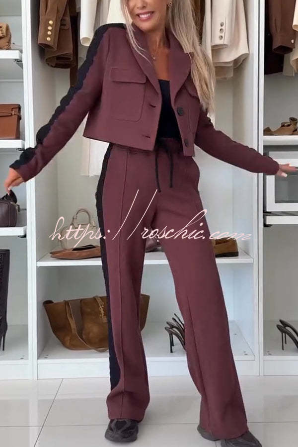 Fashion Lace Panel Long-sleeved Crop Top and Elastic Waist Tie Pocket Casual Pants Set