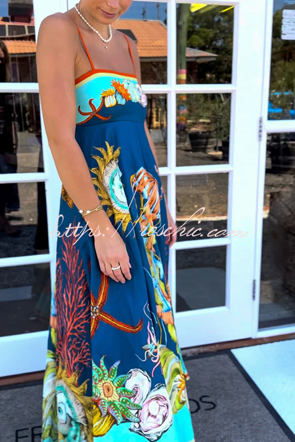 Linen Blend Unique Print Suspenders Back Pleated Pocket Resort Style Maxi Dress