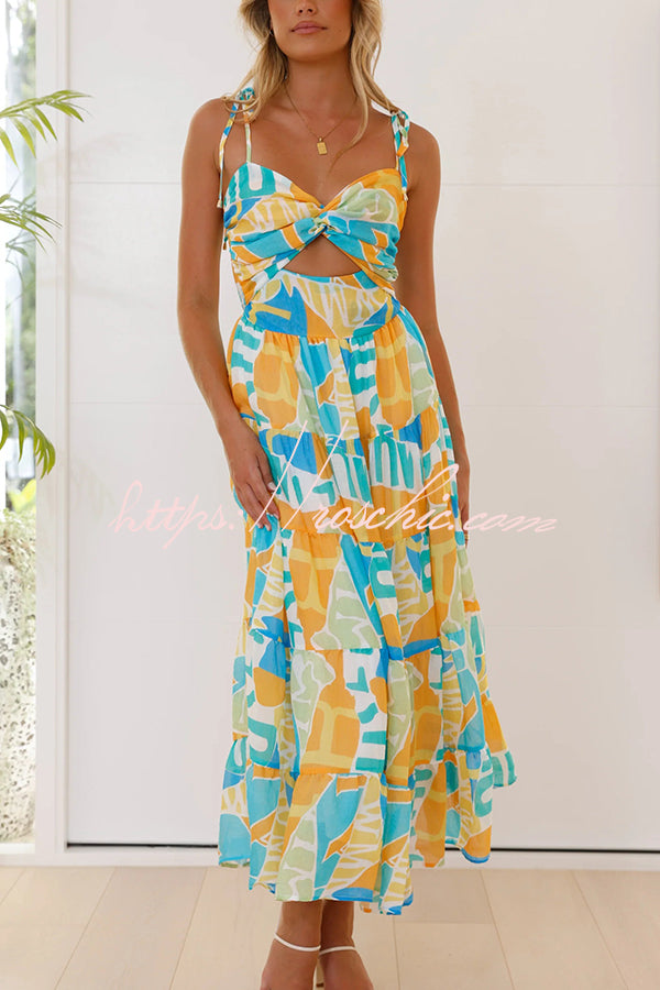 Unique Printed Suspender Tie Back Pleated Midi Dress