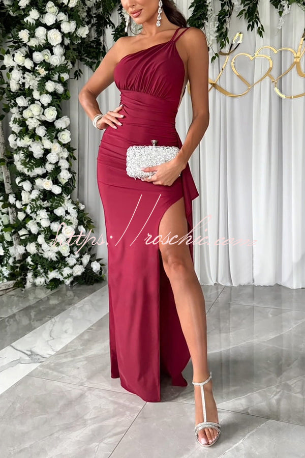 Party Love One Shoulder Ruched Waist Ruffle Slit Maxi Dress