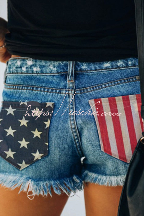 Independence Day American Flag Print Bottom Tassel Denim Pocket Shorts