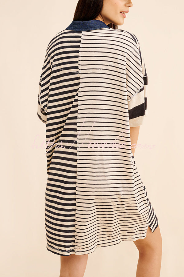 Contrast Striped Patchwork Denim Lapel Loose Casual Mini Dress