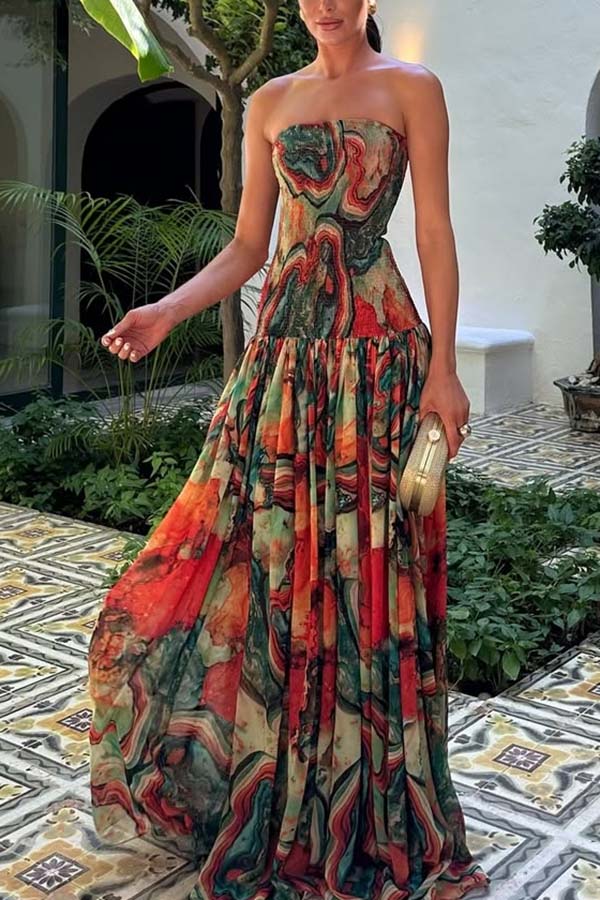 Vacay Vibes Colorful Lava Print Off Shoulder Smocked Scarf Maxi Dress, Orange / L Vacay Vibes Colorful Lava Print Off Shoulder Smocked Scarf Maxi Dress, Orange / L