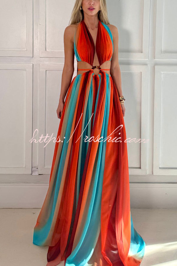 Variety of Styles Tulle Printed Ring Hollow Design Slit Vacation Maxi Dress