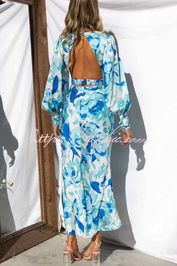 Chic Bouquet Floral Satin Elastic At Back Midi Dress