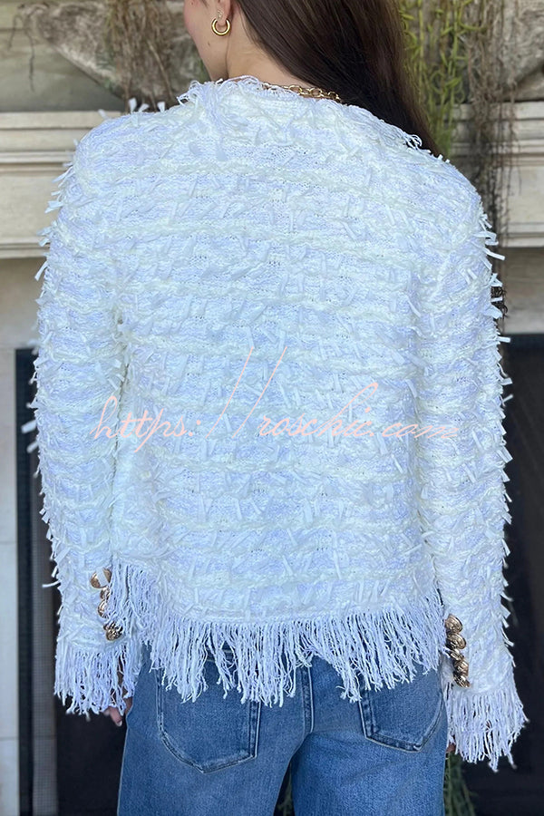 Solid Color Metal Button Long Sleeve Elegant Tassel Top