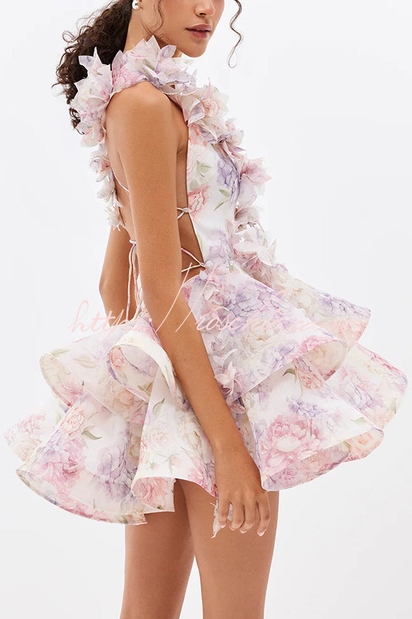 Floral Print V-neck Halter Back Tie Double Layer Mini Dress