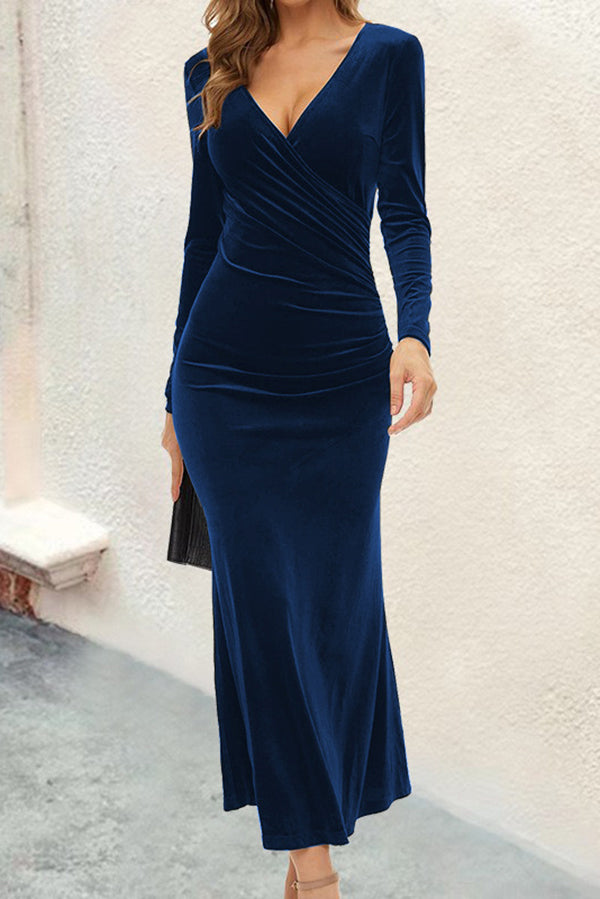Solid Color Velvet Long Sleeve V-neck Slim Fit Fishtail Maxi Dress, Dark Bule / M Solid Color Velvet Long Sleeve V-neck Slim Fit Fishtail Maxi Dress, Dark Bule / M