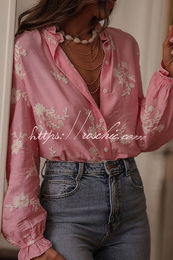 Floral Embroidery Long-Sleeved Button-Up Elegant Shirt