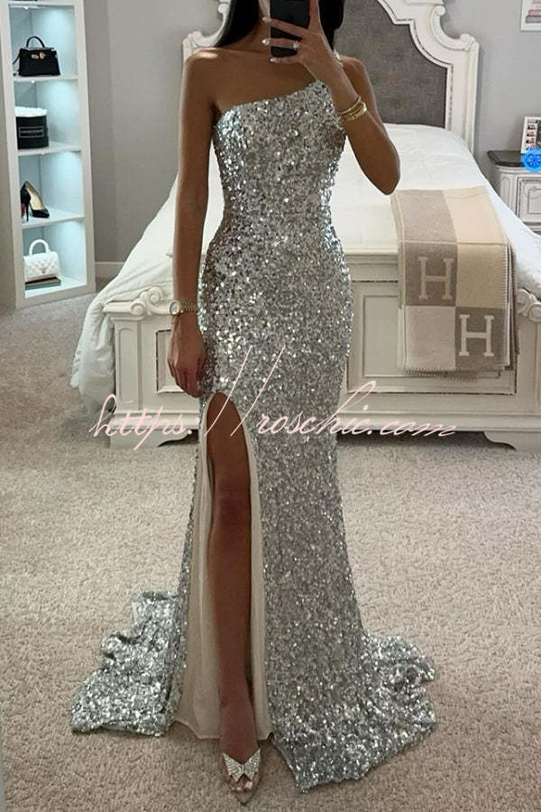 Reason To Shine Sequin One Shoulder High Slit Evening Maxi Dress