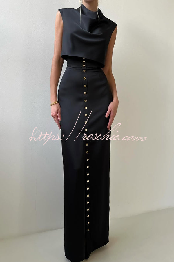 Solid Color Casual Sleeveless Crop Top and Elegant Button-down Maxi Skirt Set