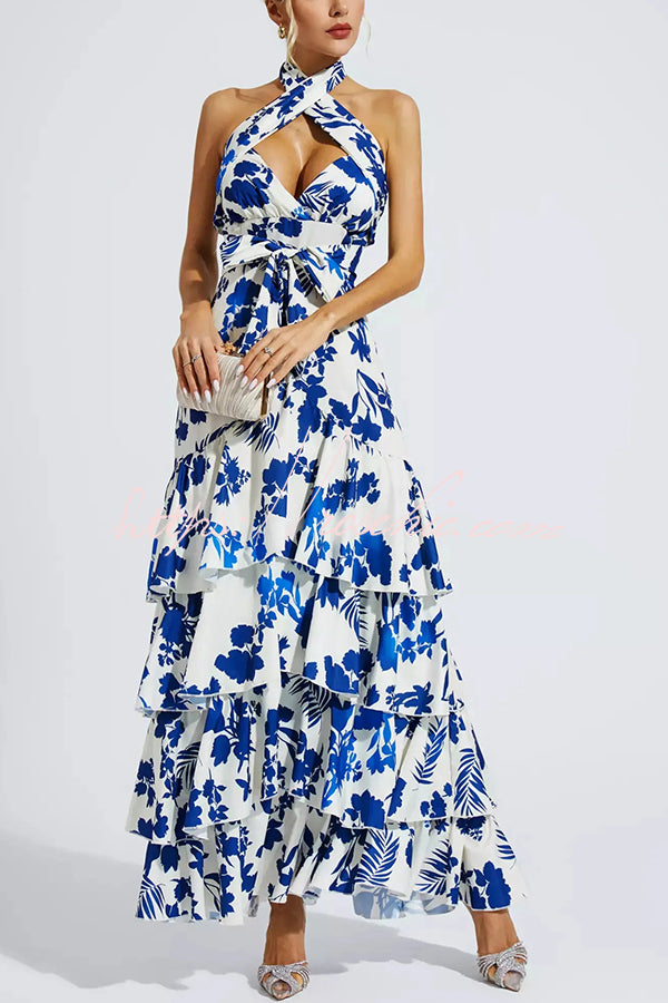 Gorgeous Styling Botanical Print Halter Neck Open Back Tiered Hem Maxi Dress