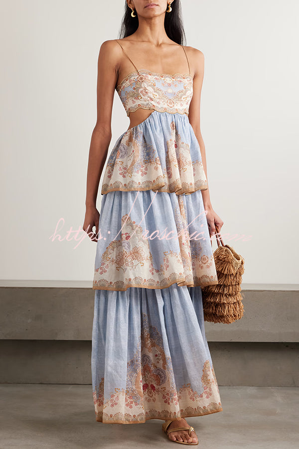 Daylight Unique Print Cutout Waist Back Lace-up Tiered Hem Maxi Dress roschic Daylight Unique Print Cutout Waist Back Lace-up Tiered Hem Maxi Dress roschic