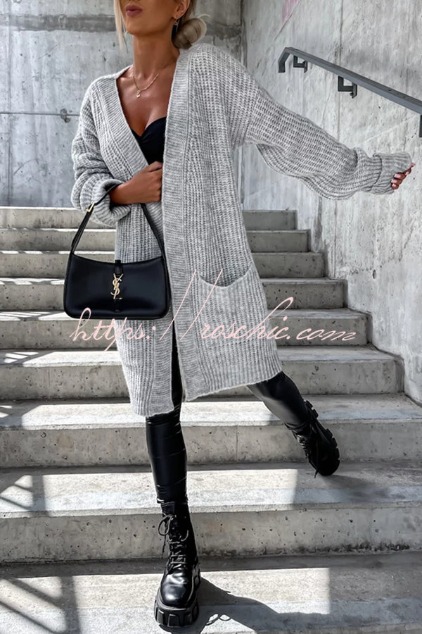 Solid Color Striped Pocket Long Sleeve Cardigan