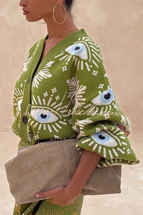 Mysterious Magic Knit Eye Heart Pattern Button Up Long Sleeve Loose Cardigan