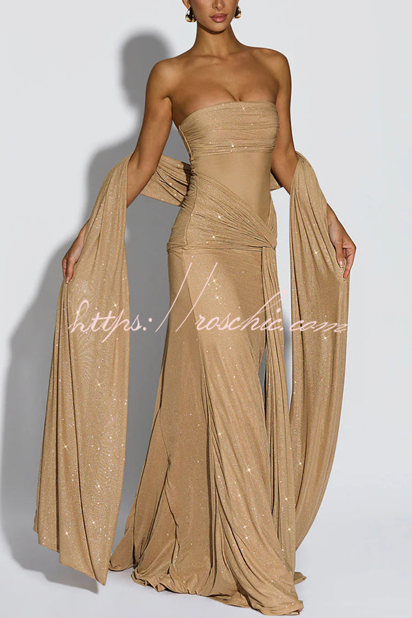 Paula Sequined Mesh and Jersey Off Shoulder Ruched Knot Drape Shawl Maxi Dress