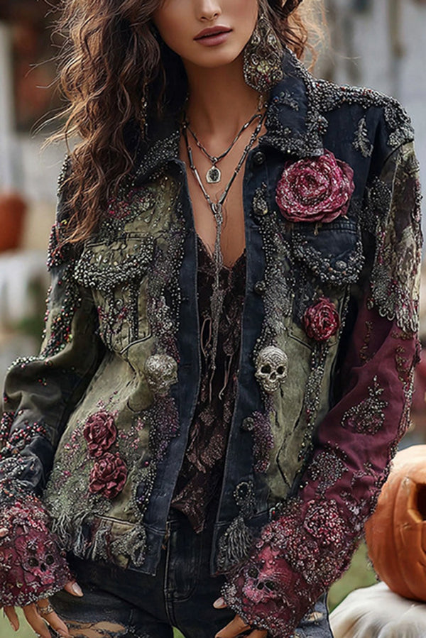 Unique Printed Lapel Long-sleeved Personalized Denim Jacket