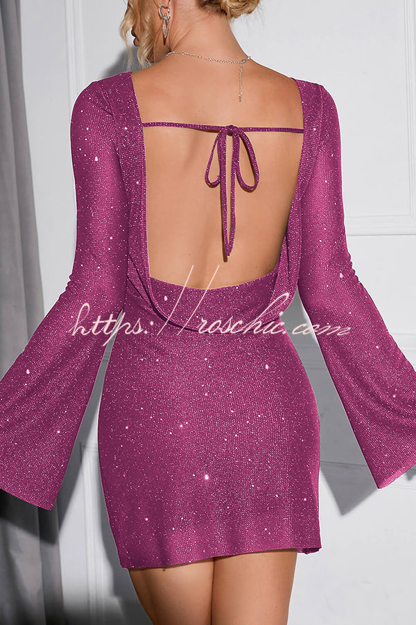 Solid Sequined Open Back Lace Up Mini Dress