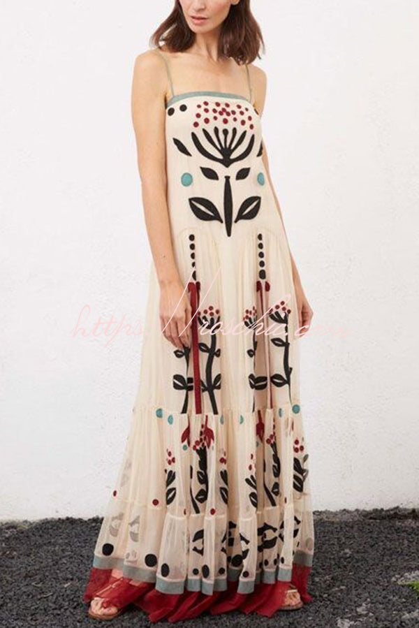 Botanical Print Chiffon Sling Backless Resort Maxi Dress