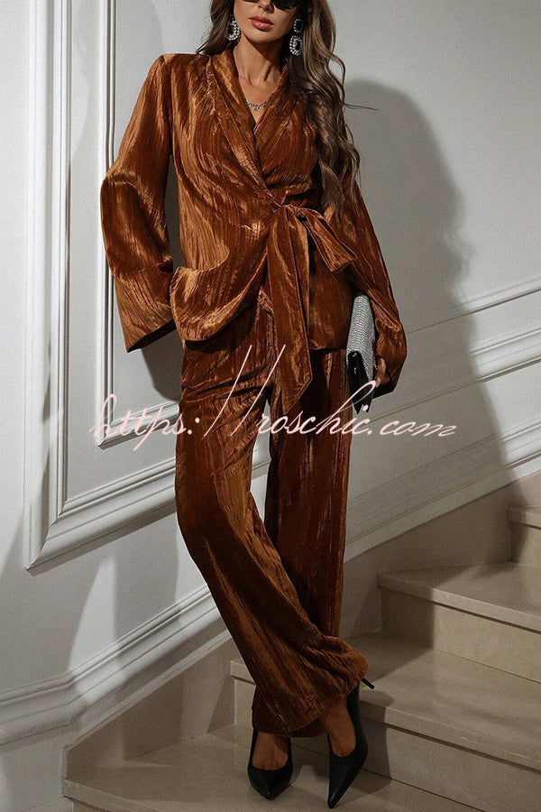 Solid Color Velvet Pleated Long-sleeved Tie Top and Casual Pocket Straight-leg Pants Set