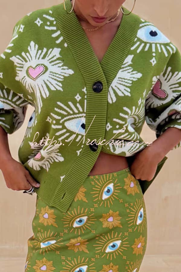 Mysterious Magic Knit Eye Heart Pattern Button Up Long Sleeve Loose Cardigan