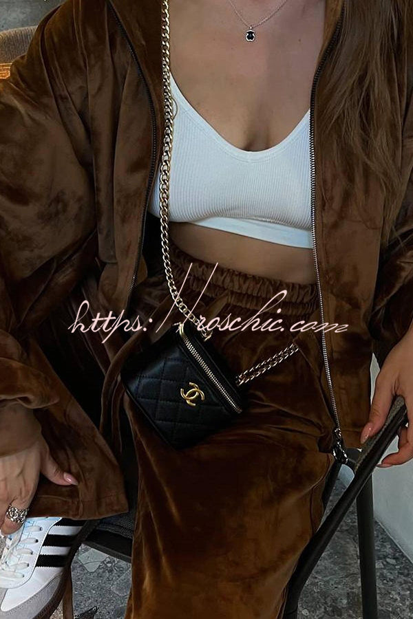 Velvet Casual Zip-up Hooded Top and Elastic Waist Wide Leg Pants Set