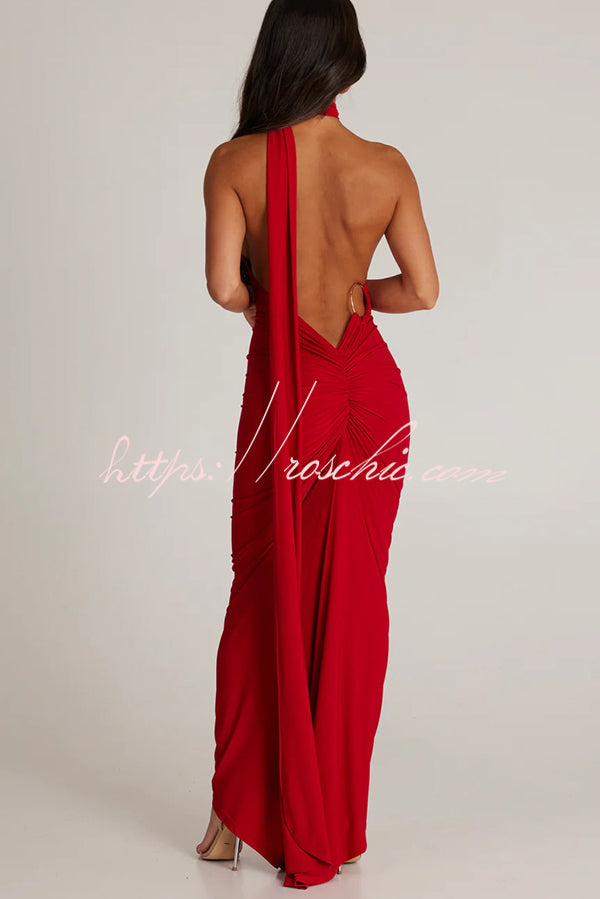 Sexy Backless Pleated Slim Solid Color Sleeveless Elegant Maxi Dress