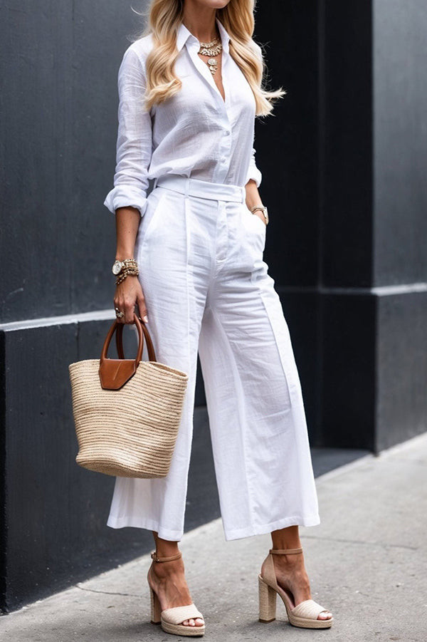 Solid Color Long-sleeved Lapel Casual Shirt and Pocket Loose Wide-leg Pants Set