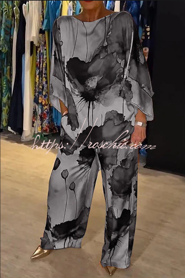 Satin Botanical Print Crew Neck Casual Top and Elastic Waist Loose Pocket Pants Set