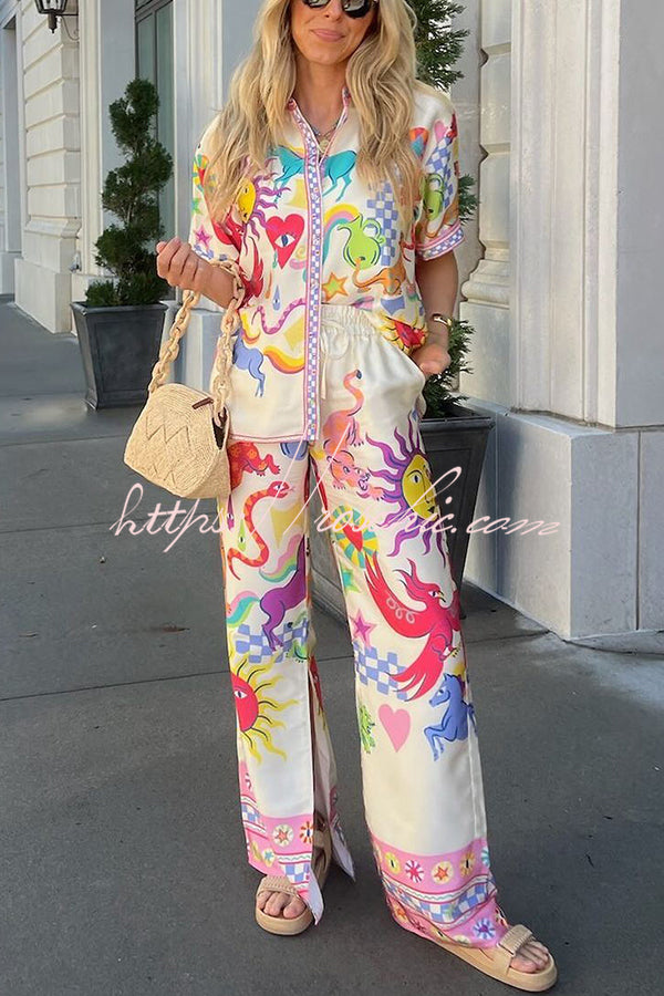 Colorful Vibes Satin Unique Print Short Sleeve Loose Shirt and Elastic Waist Pocket Slit Pants Set