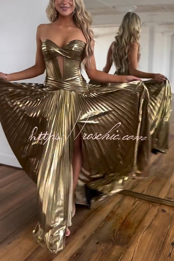 Dazzling Metallic Fabric Cross Strapless Cutout Slit Pleated Maxi Dress