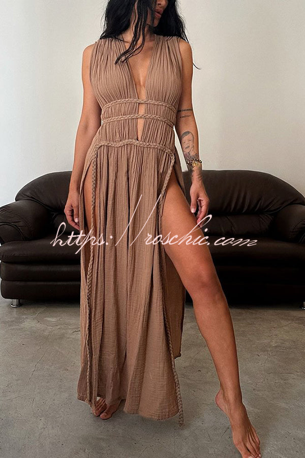 Boho with Elegance Linen Blend Braids Belt Cutout Slit Kaftan Maxi Dress