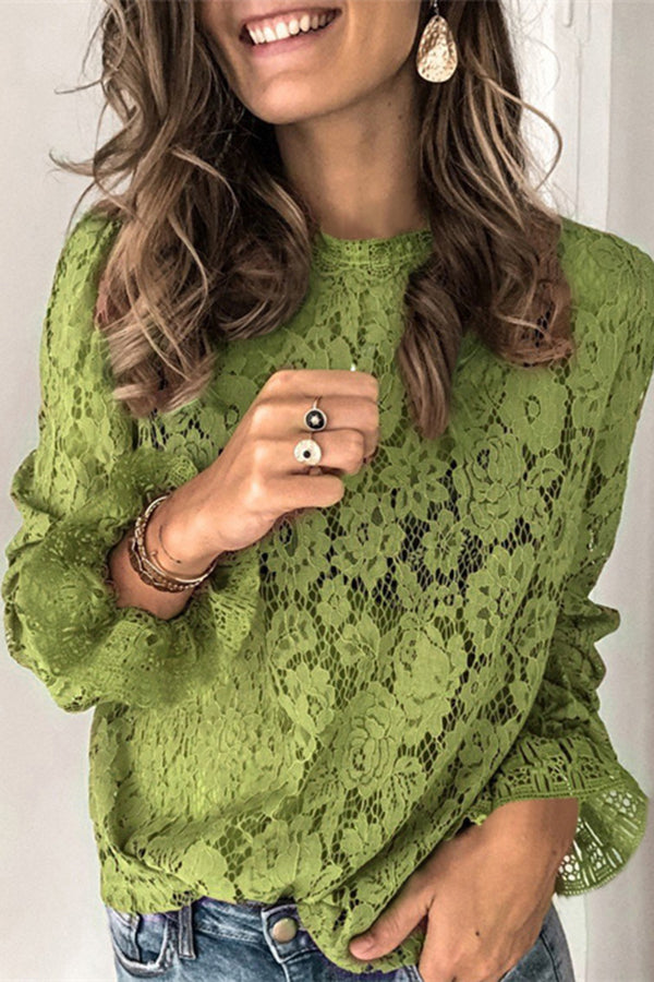 Fashionable Hollow Lace Trumpet Sleeve Casual Top