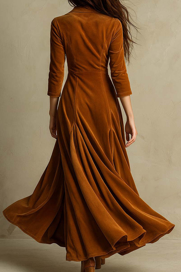 Solid Velvet Lapel Button High Waist Maxi Dress