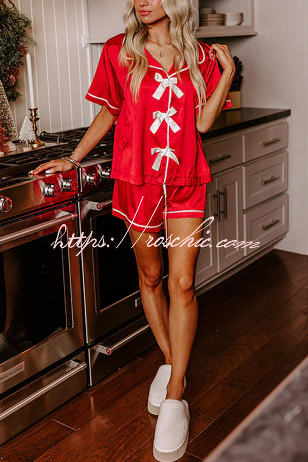 Sweet Dreams Satin Bow Detail Elastic Waist Pajama Shorts Set