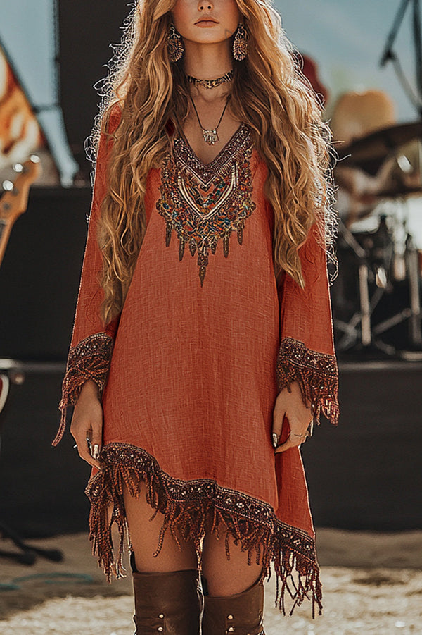 Unique Printed V-Neck Long Sleeve Fringe Loose Mini Dress