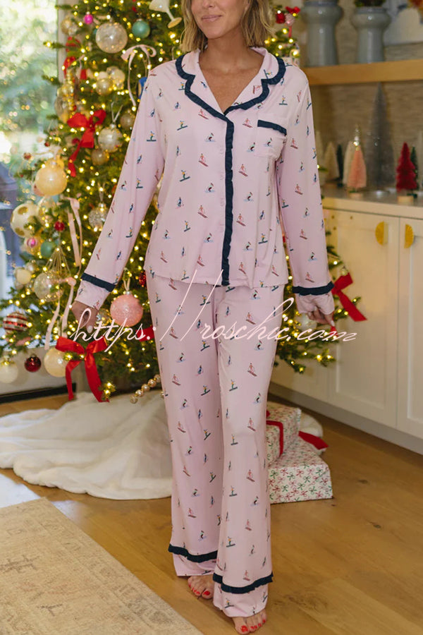 Postcards To Santa Unique Print Ruffles Trim Pocket Shirt and Elastic Waist Pajama Set