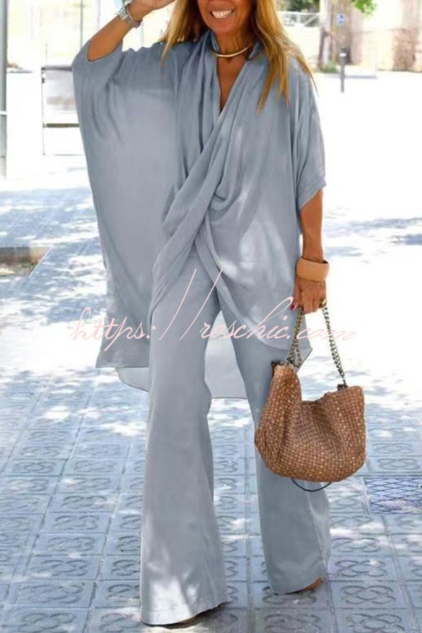 Casual V Neck Trumpet Sleeve Top and Pants Two Piece Set