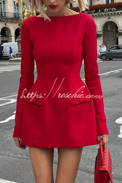 Budding Elegance Bow Detail Boat Neck Long Sleeve Mini Dress