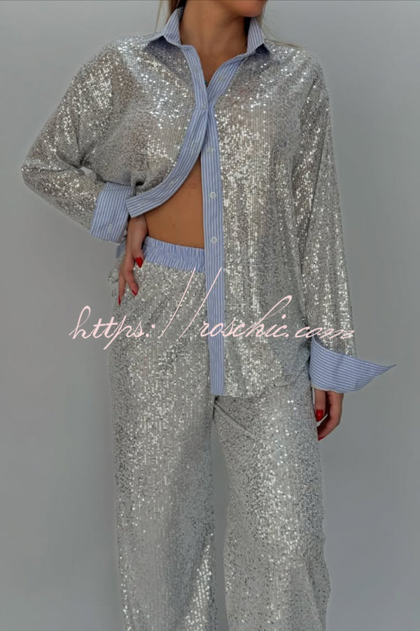 Fashion Sequined Loose Long-sleeved Shirt and Casual Elastic Waist Wide-leg Pants Set