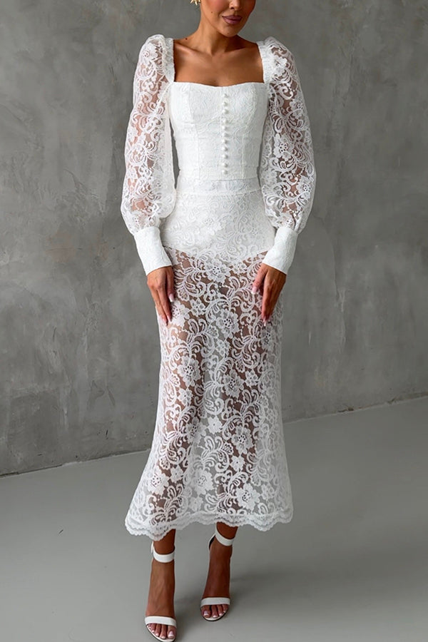 Timeless Moment Floral Lace Square Neck Button Up Balloon Sleeve Top