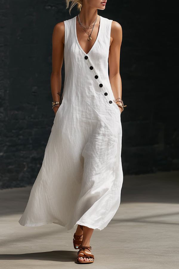 solid color linen dress Solid Color Casual Regular Dress With V Neck And 3/4 Length Sleeve In Cotton And Linen Fabric