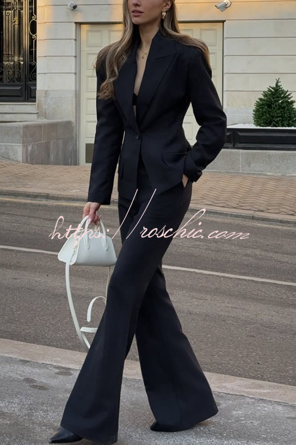 Solid Color Long-sleeved Single-button Blazer and Pocket Casual Flared Pants Set