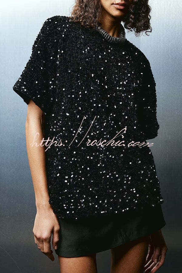 Christmas Party Velvet Sequin Short Sleeve Loose Top